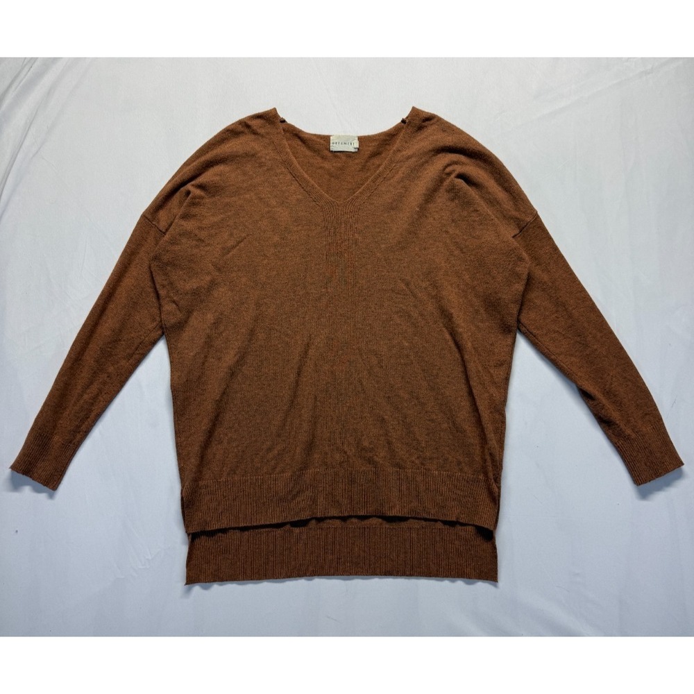 Dreamers Sweater Women M/L Brown Tight Knit Ribbed V Neck High Low Hem Side Slit
